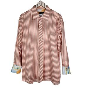 TED‎ BAKER Shirt Mens 17.5 Orange Stripe Cotton Long Sleeve Flip Cuff Button
